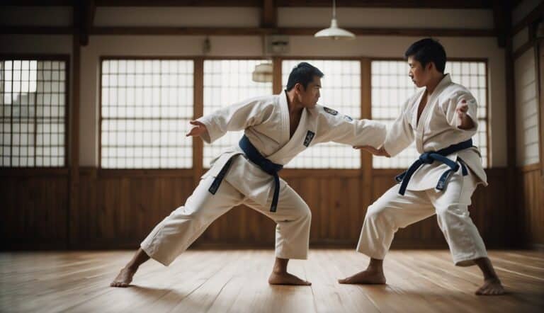 Two judo practitioners demonstrating basic techniques in a traditional dojo setting