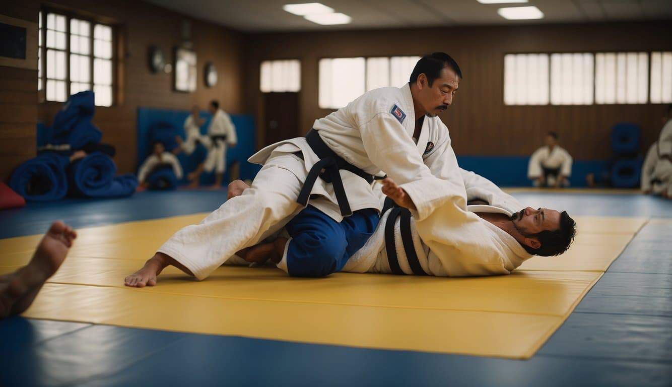 Judo training plans: mats, judogi, belts, and a coach directing practice techniques in a traditional dojo setting