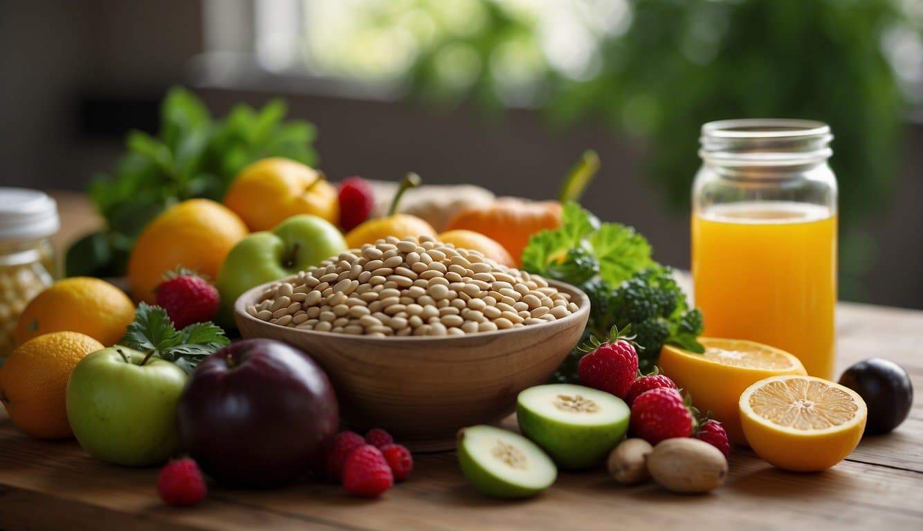 A table with healthy foods: fruits, vegetables, lean proteins, and whole grains. A water bottle and supplements are nearby