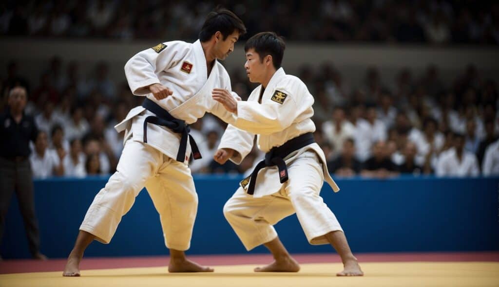 Judo competition: two opponents in white uniforms, bowing on a mat with spectators watching from the sidelines