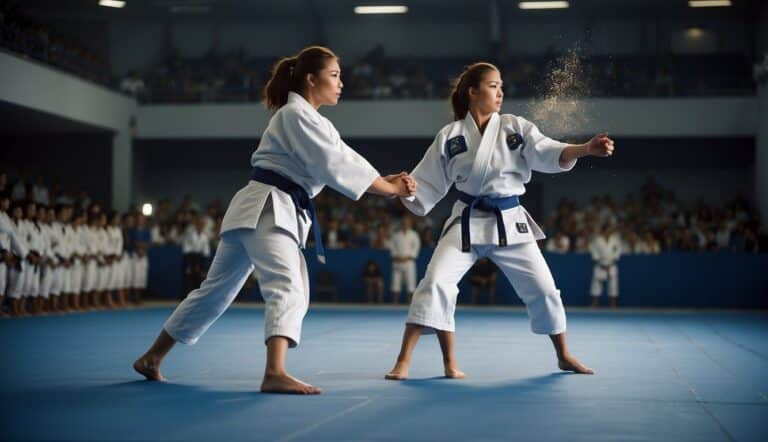 Women in judo: Two athletes in white uniforms perform a throw on a blue mat in a gymnasium with spectators watching from the sidelines