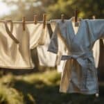 A judo-gi hanging on a clothesline, bathed in sunlight, with a gentle breeze causing the fabric to sway
