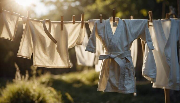 A judo-gi hanging on a clothesline, bathed in sunlight, with a gentle breeze causing the fabric to sway