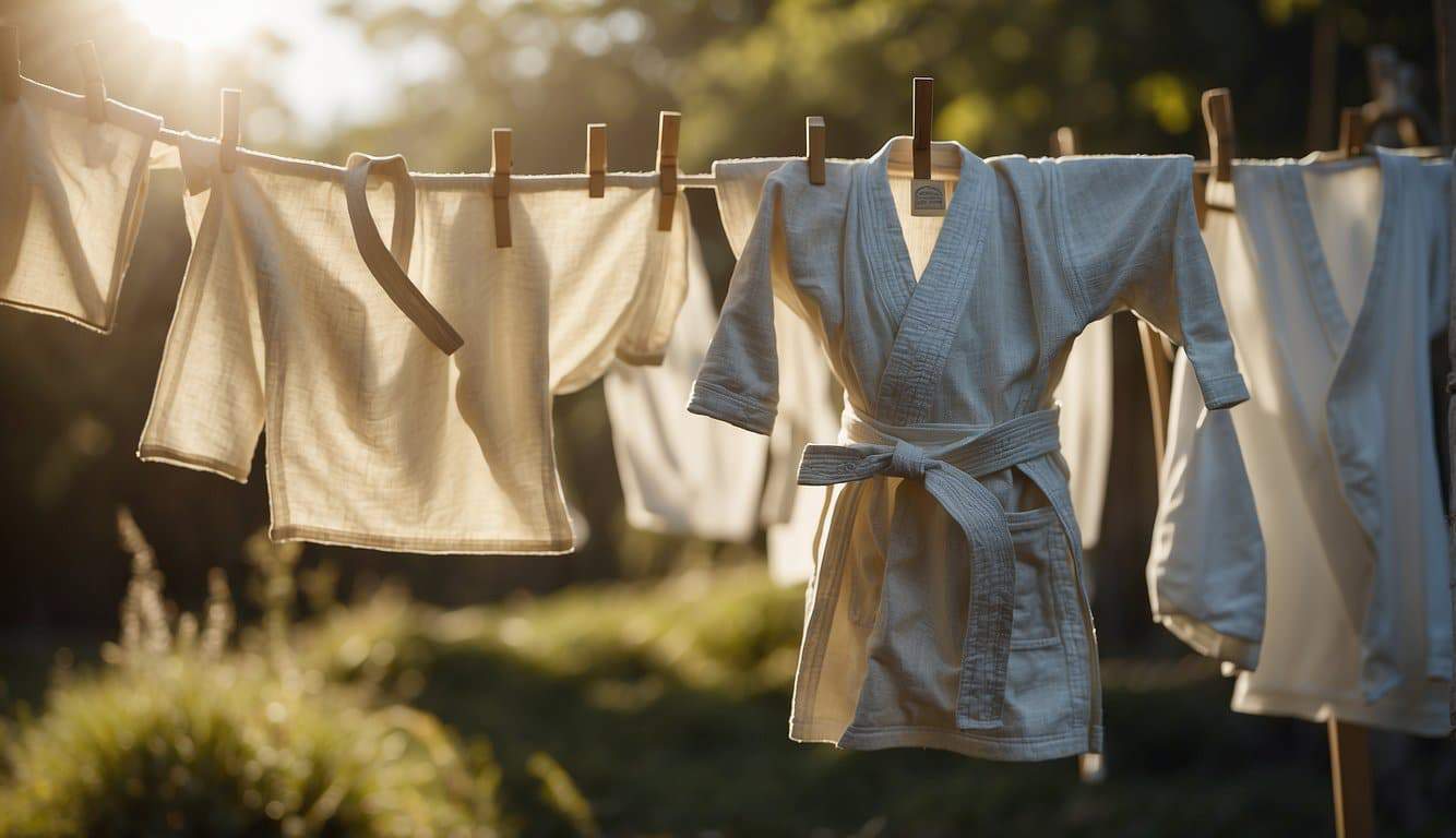 A judo-gi hanging on a clothesline, bathed in sunlight, with a gentle breeze causing the fabric to sway