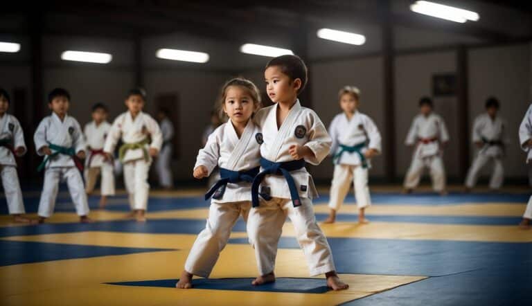 Children practicing Judo in a dojo, wearing white uniforms and colored belts, performing throws and holds on each other