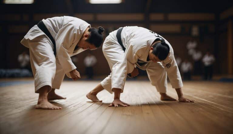 Two judo practitioners bowing in a dojo, surrounded by traditional Japanese symbols and calligraphy