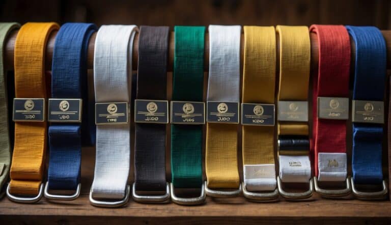 A judo belt display with varying colors, symbolizing rank and skill level, hanging on a wooden rack in a traditional dojo setting