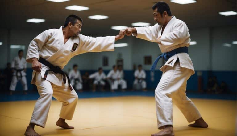 Two judo practitioners demonstrating self-defense techniques in a dojo