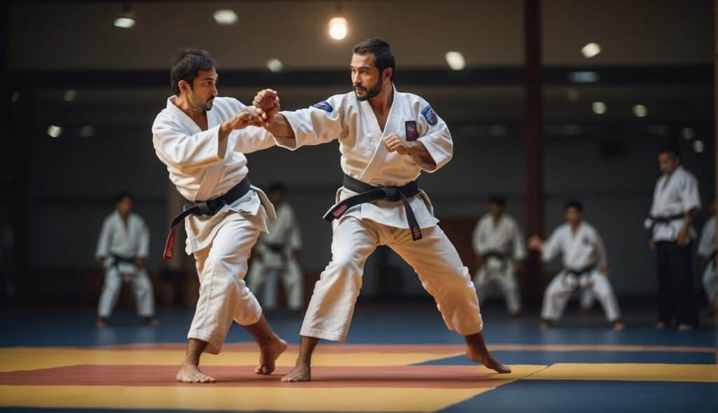 A judo practitioner executing a basic throw on an opponent, using proper technique and principles