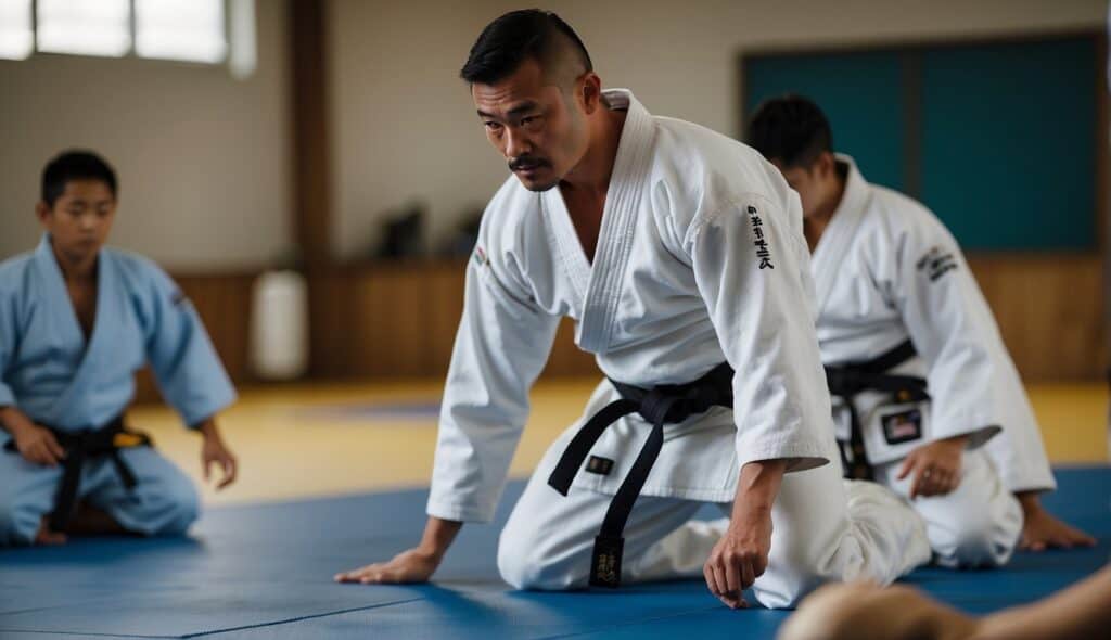 A judo instructor demonstrates basic techniques to beginners in a spacious, well-lit dojo with traditional tatami mats and Japanese decor