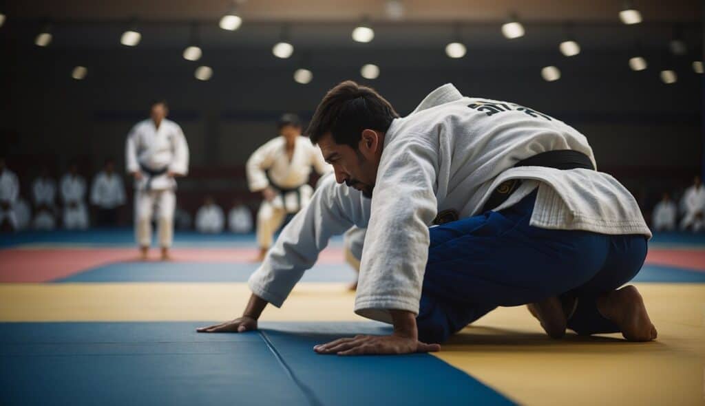 Two judo practitioners bowing to each other before a match, with a dojo in the background