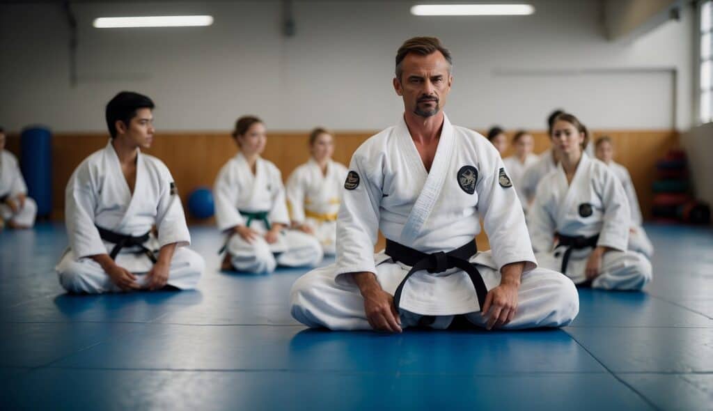 A judo instructor demonstrating basic techniques to a group of beginners in a dojo setting