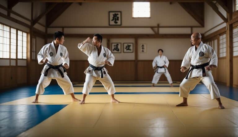 A judo dojo with traditional tatami mats, a sensei demonstrating a throw, students practicing techniques, and a display of trophies and awards