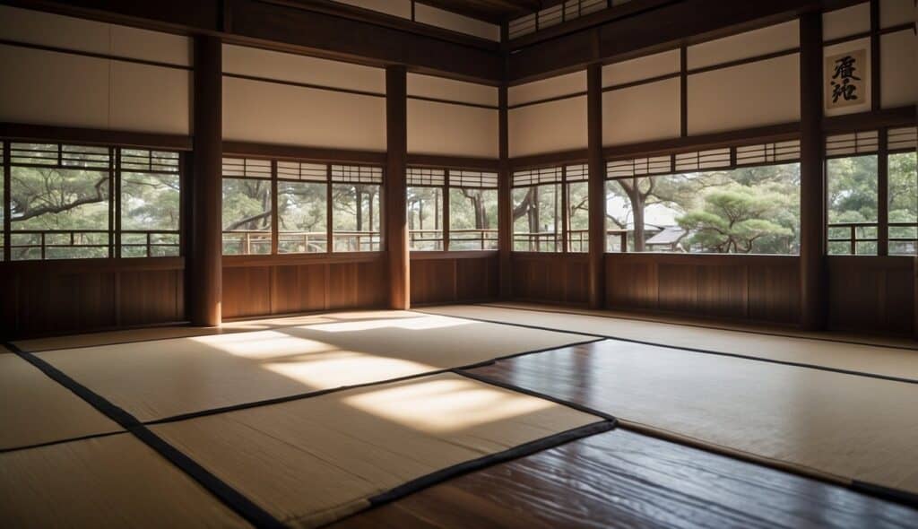 A dojo with traditional Japanese architecture, featuring tatami mats and a wooden training area. Historical artifacts and artwork depicting the evolution of Judo adorn the walls