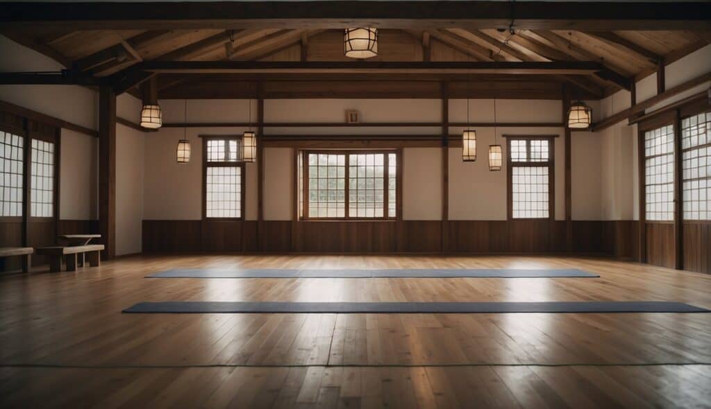 A judo dojo with traditional architecture and historical training equipment