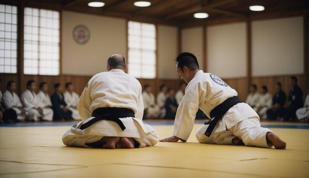 Two judo competitors bowing before a match, surrounded by traditional Japanese dojo with tatami mats and a sensei overseeing the competition