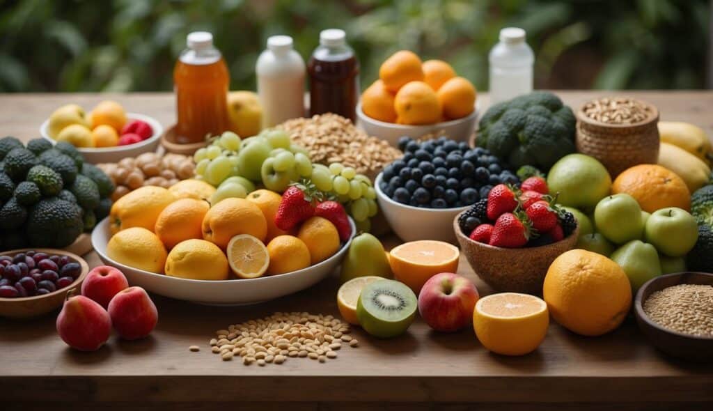 A table with healthy food options for martial artists. Fruits, vegetables, lean proteins, and whole grains are displayed. Water bottles and sports drinks are also present