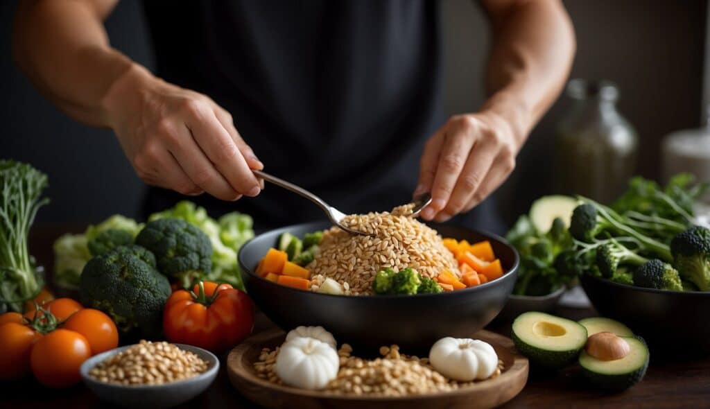 A martial artist prepares a balanced meal with lean protein, whole grains, and plenty of vegetables to support their weight management and body composition goals