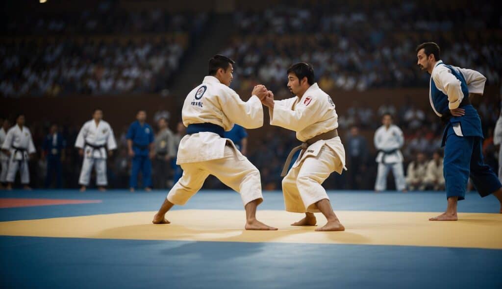 Two judo competitors face off on a mat, ready to engage in a match. The arena is filled with cheering spectators, and the competitors are focused and determined