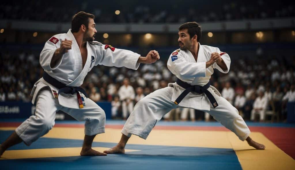 Judo World Championships: Two judokas in action, one throwing the other with a powerful technique. Crowd cheering in the background