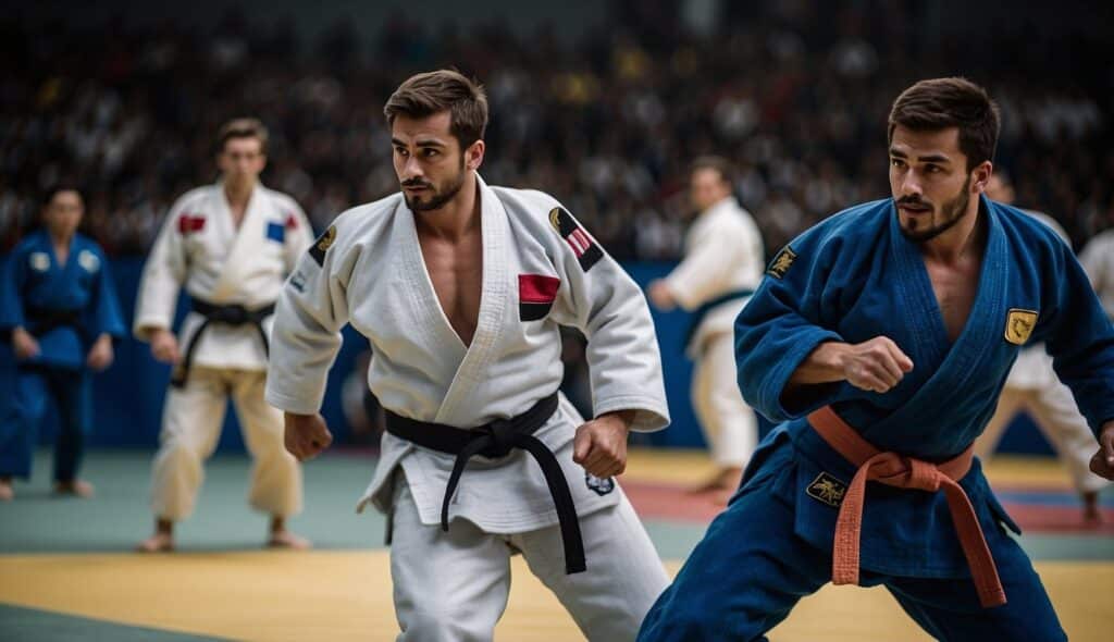 A judo tournament with European flags flying, competitors in action, and a cheering crowd in the background