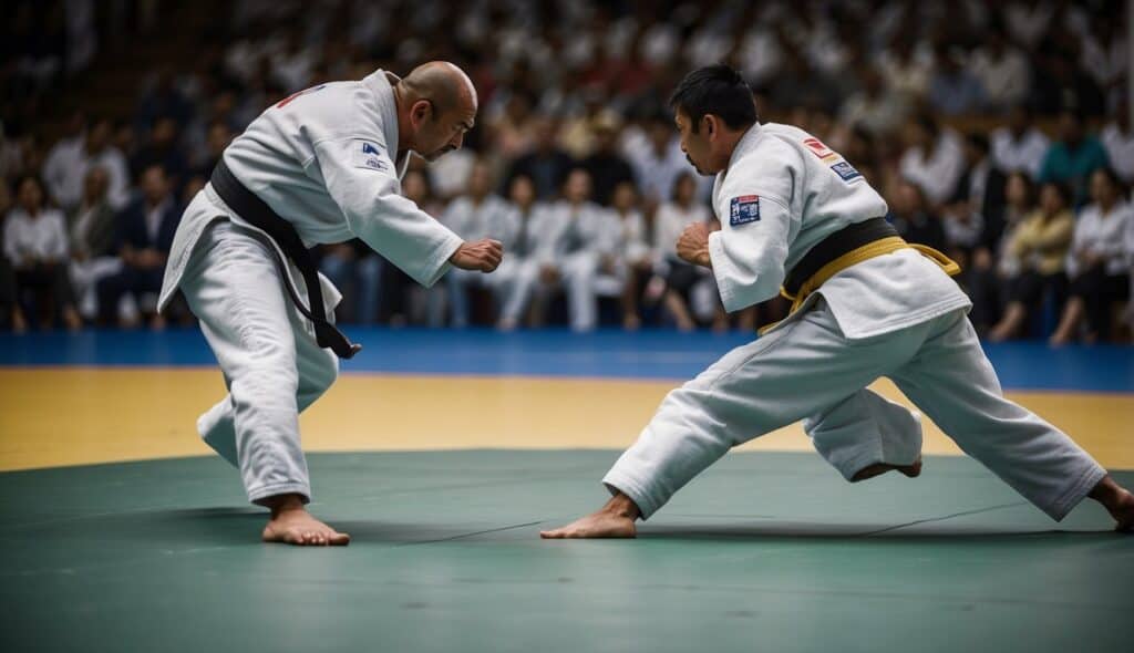 Judo rulebook and techniques depicted in a dynamic competition setting