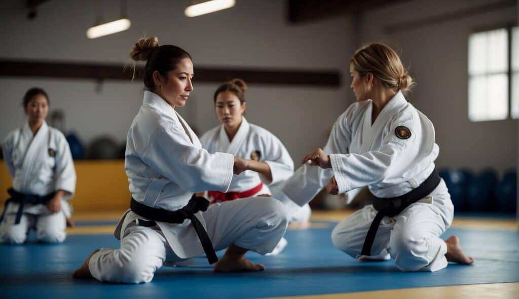 A group of women practicing judo techniques in a traditional dojo setting. The women are wearing white judogi and are engaged in various throws and grappling techniques