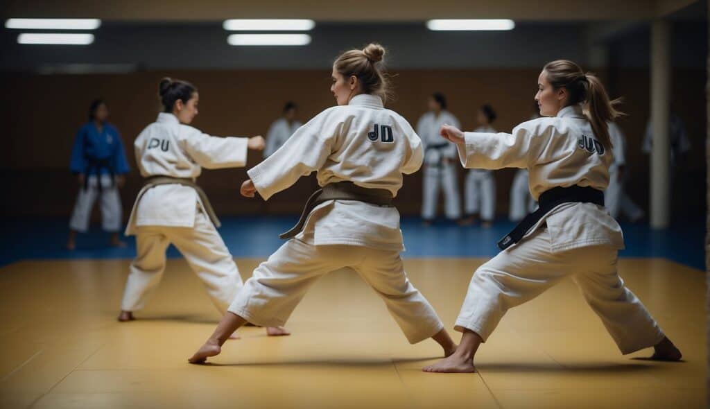 Women practicing judo techniques and training in a dojo setting