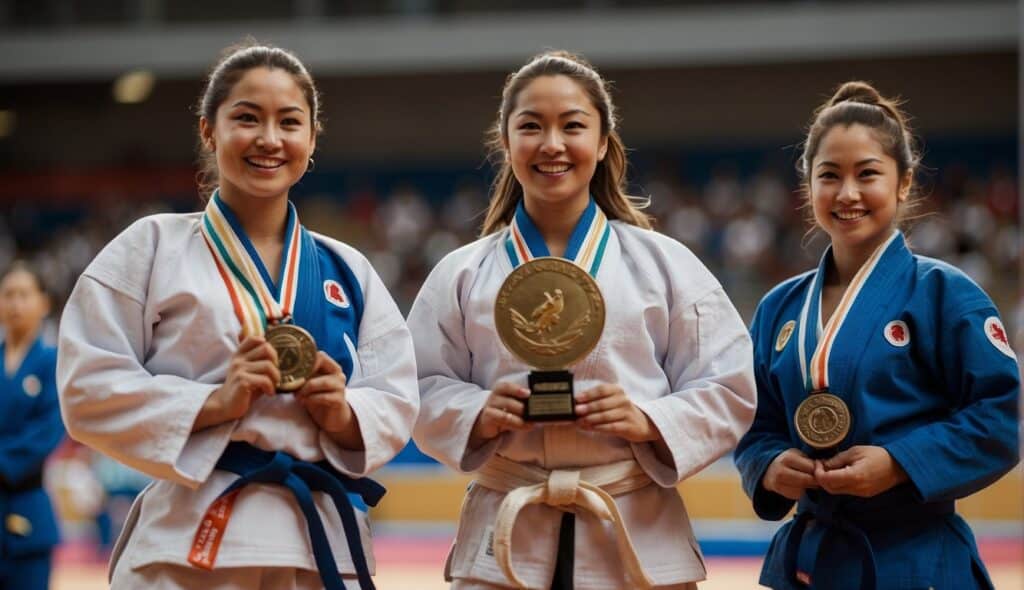 A group of women in judo uniforms stand proudly on a podium, displaying their medals and trophies. The atmosphere is filled with excitement and celebration