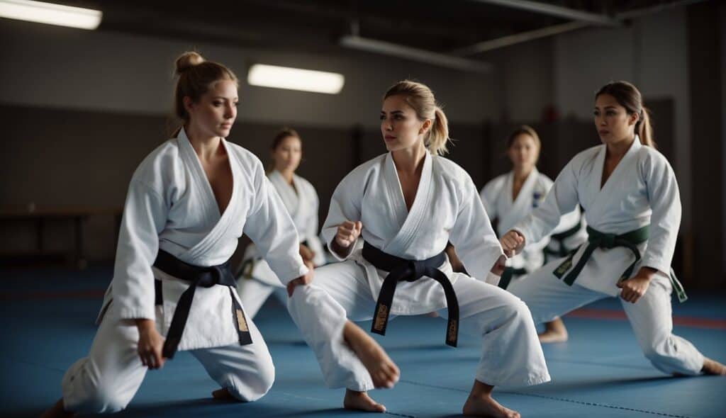 A group of women practicing Judo together, displaying strength and camaraderie in their movements