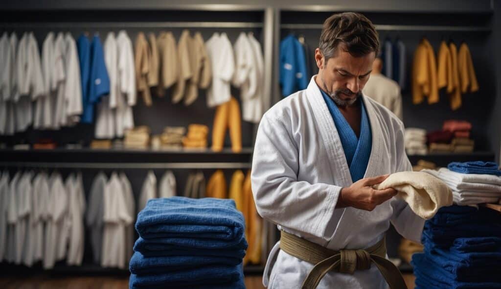 A person selecting a Judo-Gi from a rack of various sizes and colors, with a shelf of Judo-Gi care products in the background