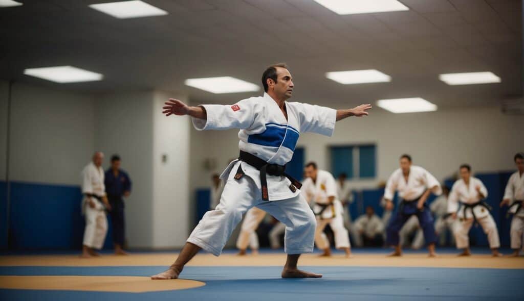 A judo practitioner performing a controlled throw, focusing on proper technique and balance to prevent injuries