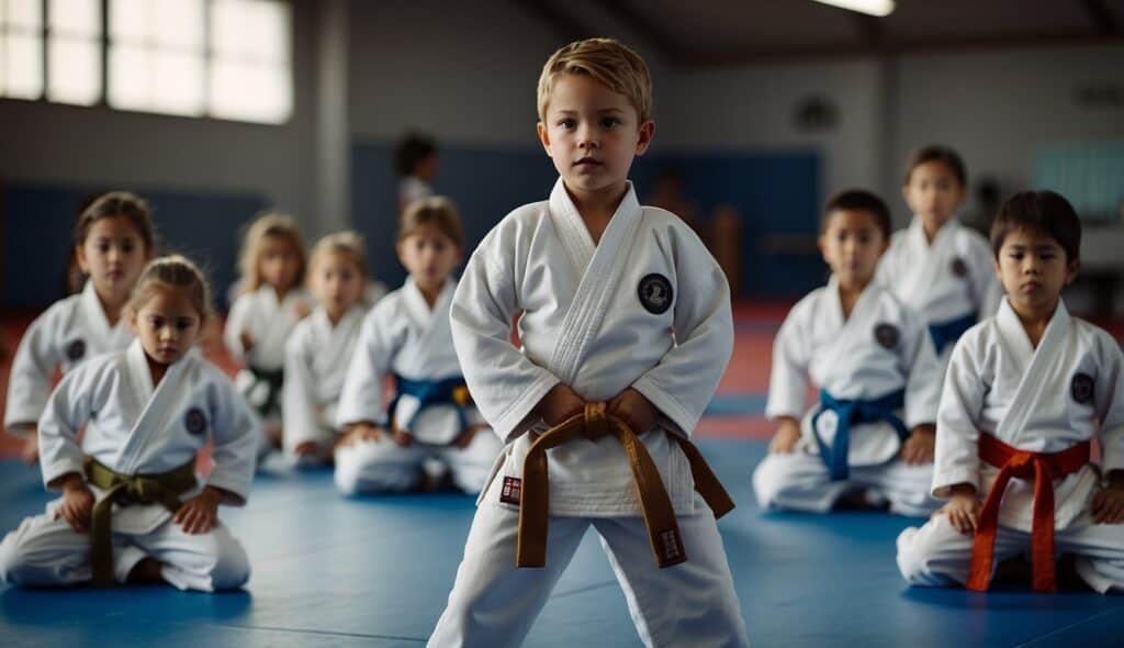 A group of children practicing Judo techniques in a dojo with a sensei guiding them. The children are wearing traditional Judo uniforms and are focused and disciplined in their movements