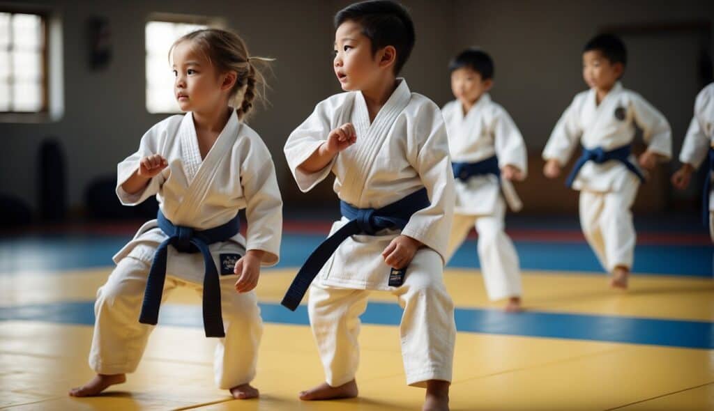 Children practicing Judo in a dojo, wearing white uniforms, performing throws and holds under the guidance of an instructor