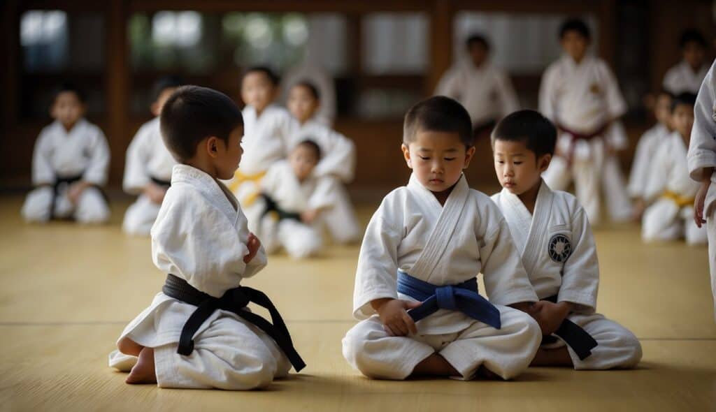 Children practicing Judo techniques in a traditional dojo setting, with a sensei guiding them through various moves and exercises