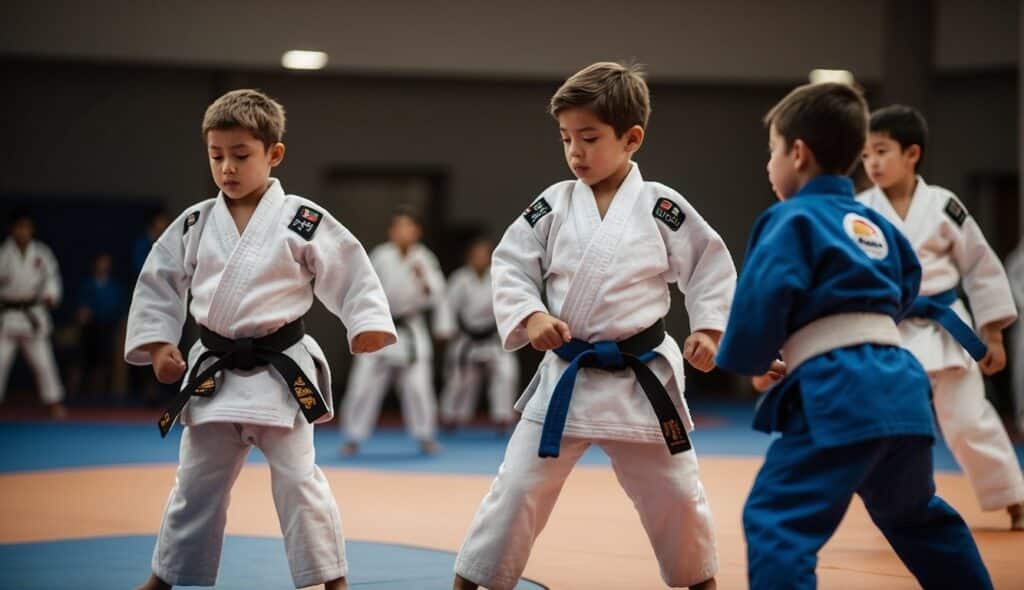 Children practicing judo in a friendly competition, surrounded by a supportive community of judoka