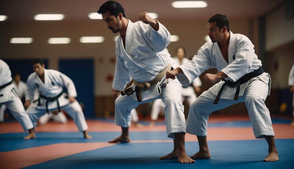 A judo practitioner demonstrating various techniques and exercises in a training hall