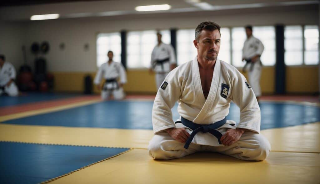 A judo practitioner demonstrating techniques in a dojo with a focus on training and development