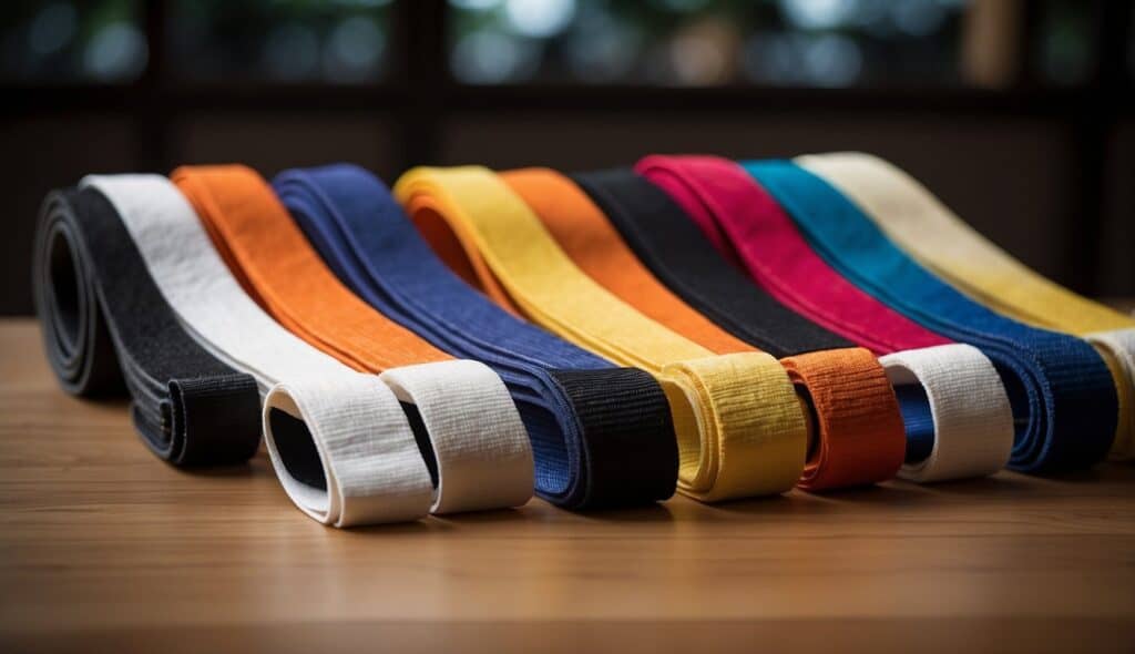 A row of colorful judo belts arranged in order of rank, from white to black, symbolizing the progression and mastery of skills in the martial art