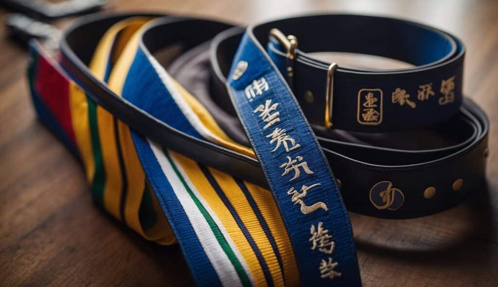 A judo belt display with symbolic colors and their meanings