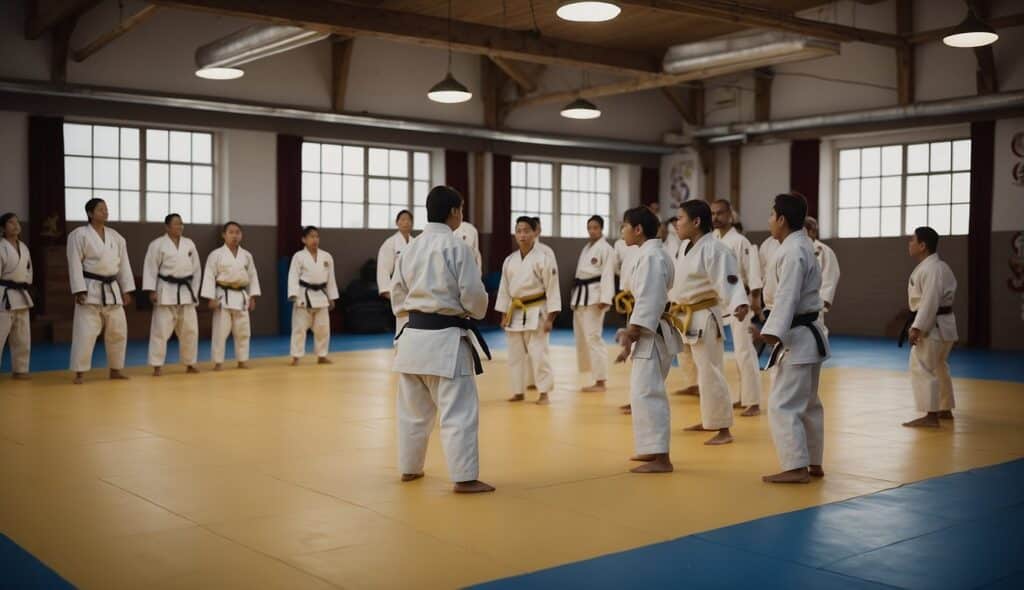 A judo dojo with colored belts hanging on the wall, representing the hierarchy and progress of students in their training