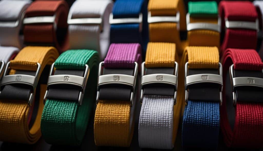 A group of judo belts of different colors arranged in a circle, each representing a different level of expertise in the martial art